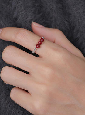 足银S999新中式朱砂点缀碎银戒指女款红色新年国风小清新简约戒指