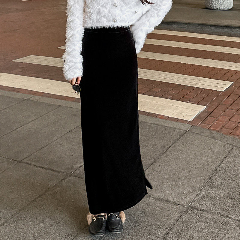 金丝绒半身裙女黑色长裙2025新款秋冬季高腰显瘦垂感开 叉直筒裙,淘宝优惠券,粉丝福利购,淘宝优惠卷