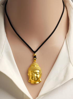 越南沙金新中式国潮风黄金弥勒佛吊坠黑色编织绳项链挂件佛头挂坠