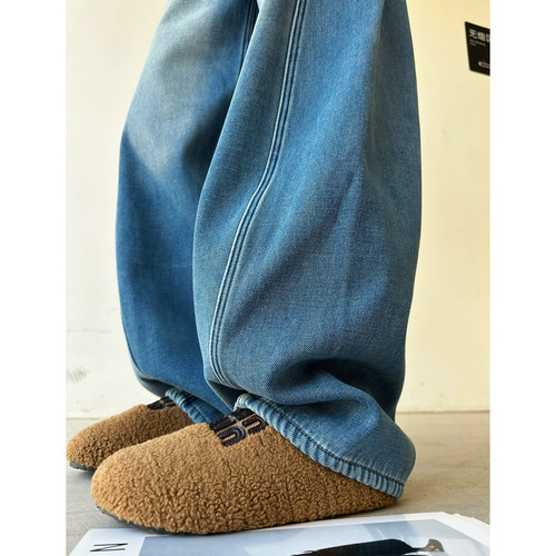 猫猫家加长女裤加绒加厚秋冬高腰阔腿牛仔裤女高个子宽松香蕉裤潮 - 图1