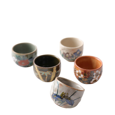 日本进口九谷烧美山窑五草花茶杯套装汤吞品茗杯主人杯功夫杯 虎窝淘