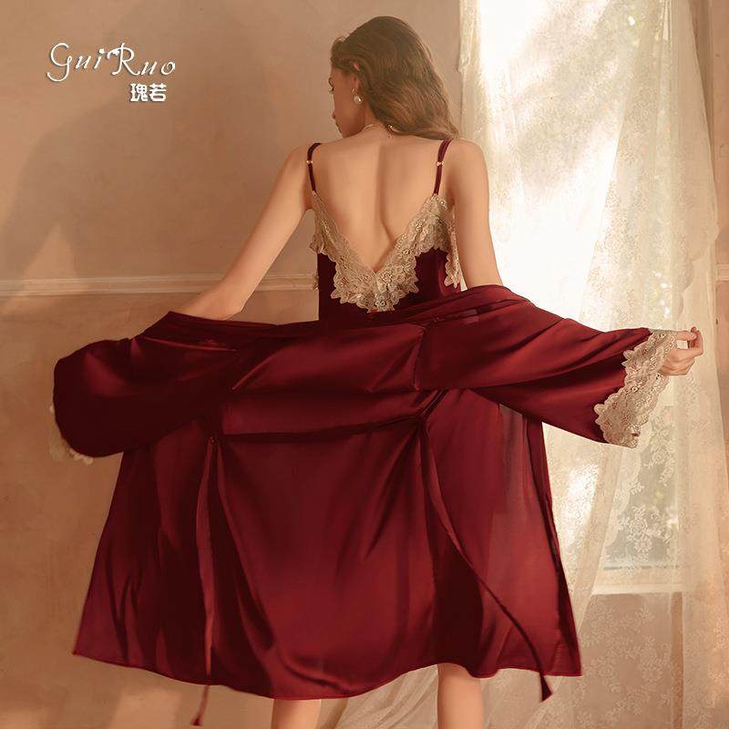 性感薄款缎面蕾丝开衫系带睡袍浴袍吊带睡裙女家居服套装272,淘宝优惠券,粉丝福利购,淘宝优惠卷