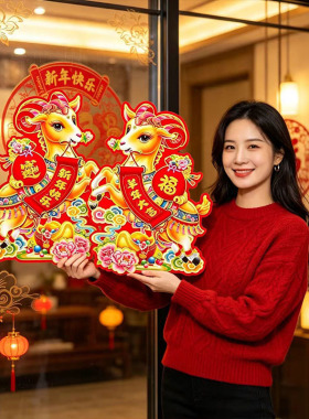 2027新年生肖门贴立体金粉对贴纸卡通羊春节新年植绒装饰氛围对贴