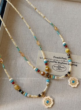 波西米亚贝母太阳花串珠项链气质时尚轻奢小米珠天然石锁骨链颈链