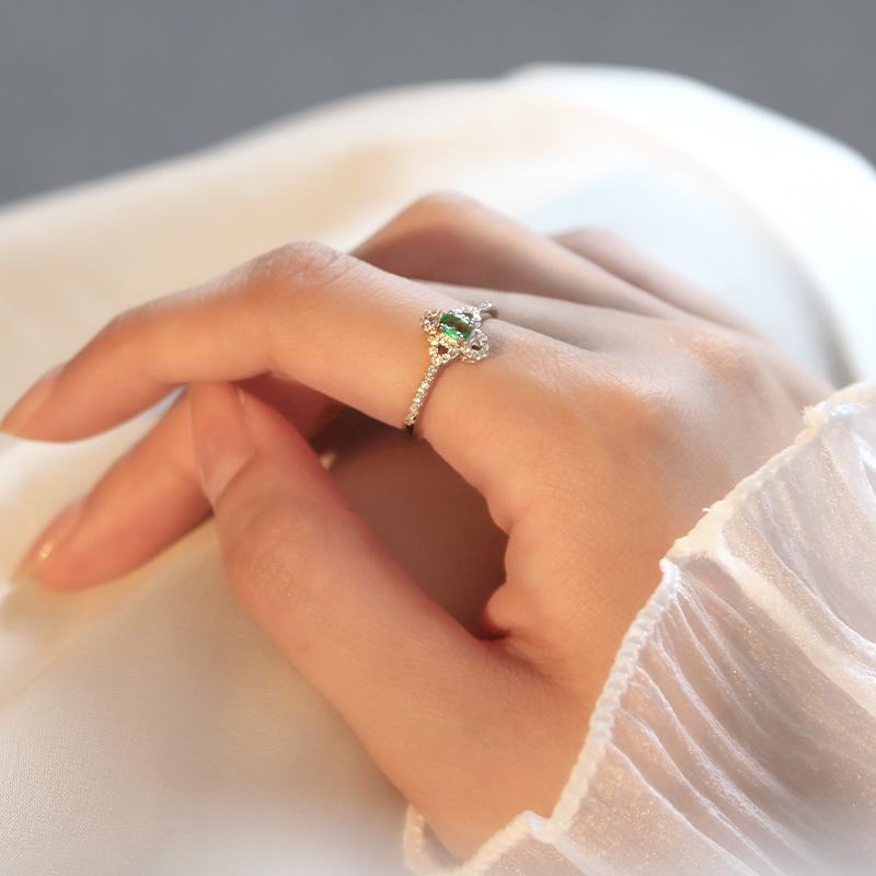 银戒指女小众设计开口复古情侣对戒自律素圈尾戒925银祖母绿戒指 - 图0
