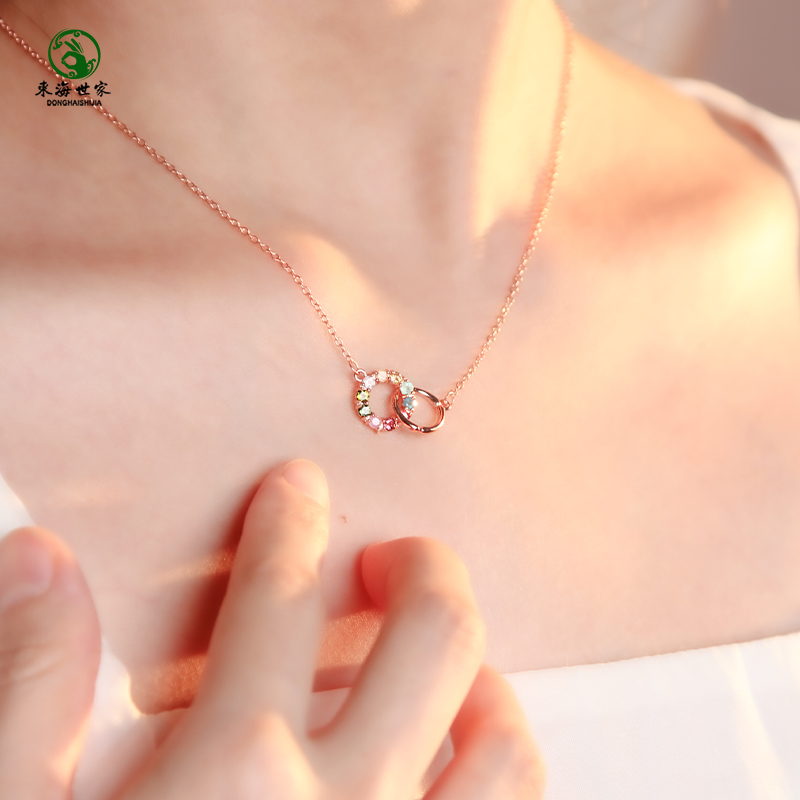 碧玺项链女s925银链彩虹碧玺原石环环相扣吊坠小碧玺锁骨链颈链,淘宝优惠券,粉丝福利购,淘宝优惠卷