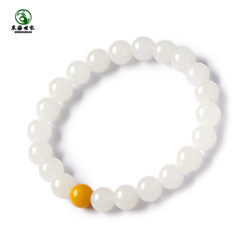 金丝玉手链女新疆白玉东海水晶玛瑙玉髓黑曜石海蓝宝蜜蜡单珠手串 - 图3