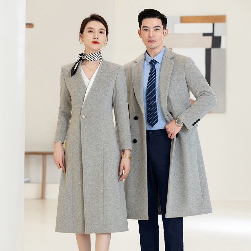 冬季加厚保暖职业毛呢大衣女中长款售楼部接待工作服灰色呢子外套 - 图0