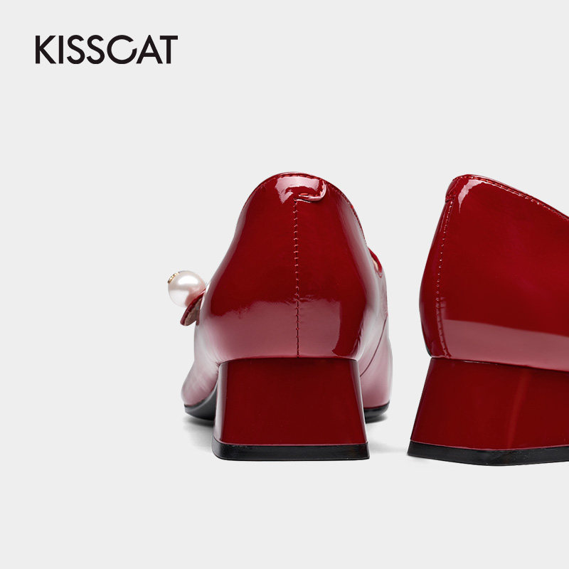 接吻猫2021秋季新款流行方头小皮鞋 kisscat单鞋