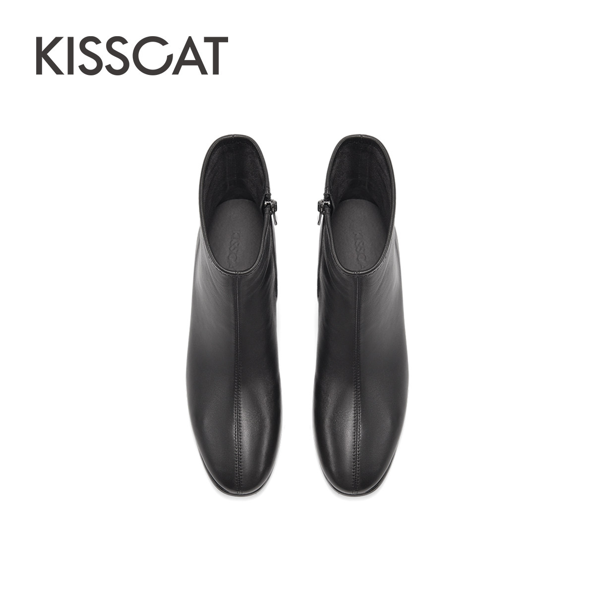 KISSCAT接吻猫新款真皮黑色高跟短靴尖头粗跟高级时装靴女,淘宝优惠券,粉丝福利购,淘宝优惠卷