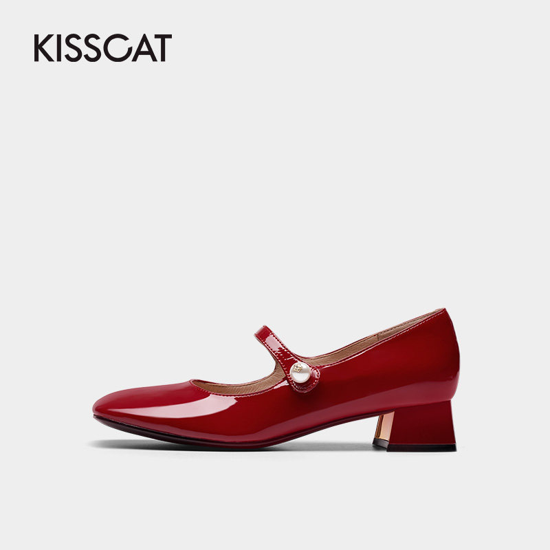 接吻猫2021秋季新款流行方头小皮鞋 kisscat单鞋