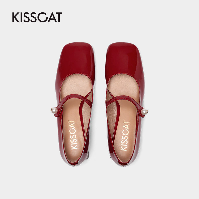 接吻猫2021秋季新款流行方头小皮鞋 kisscat单鞋