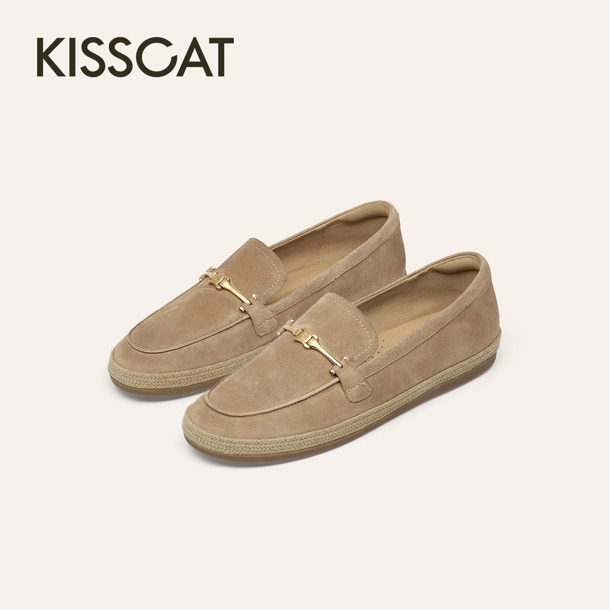 KISSCAT接吻猫[斐济假日]渔夫乐福鞋26春新通勤棕色薄底豆豆鞋女,淘宝优惠券,粉丝福利购,淘宝优惠卷