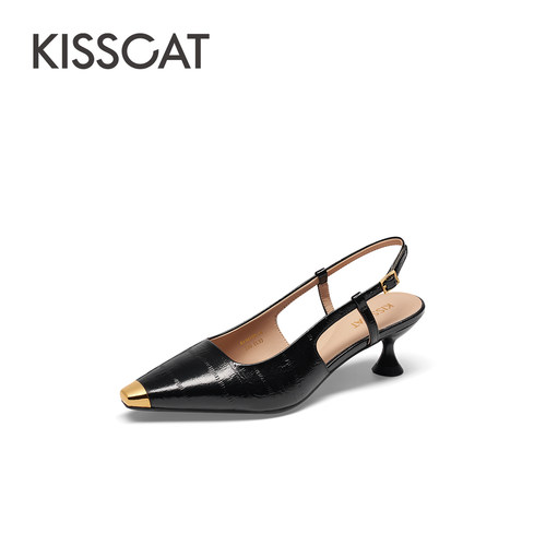 KISSCAT接吻猫2024年夏季新款百搭真皮高跟鞋高级后空时装凉鞋女-图0