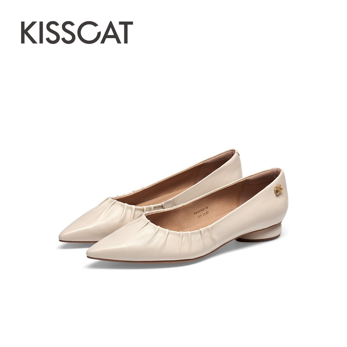 KISSCAT接吻猫通勤气质平底鞋百搭舒适尖头真皮白色法式单鞋女,淘宝优惠券,粉丝福利购,淘宝优惠卷