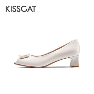 接吻猫春季新款法式简约几何扣气质鱼嘴凉鞋温柔中粗跟单鞋女