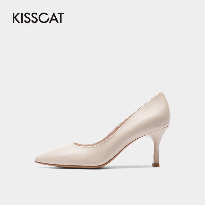接吻猫2020秋新款纯色简约女高跟鞋 kisscat单鞋