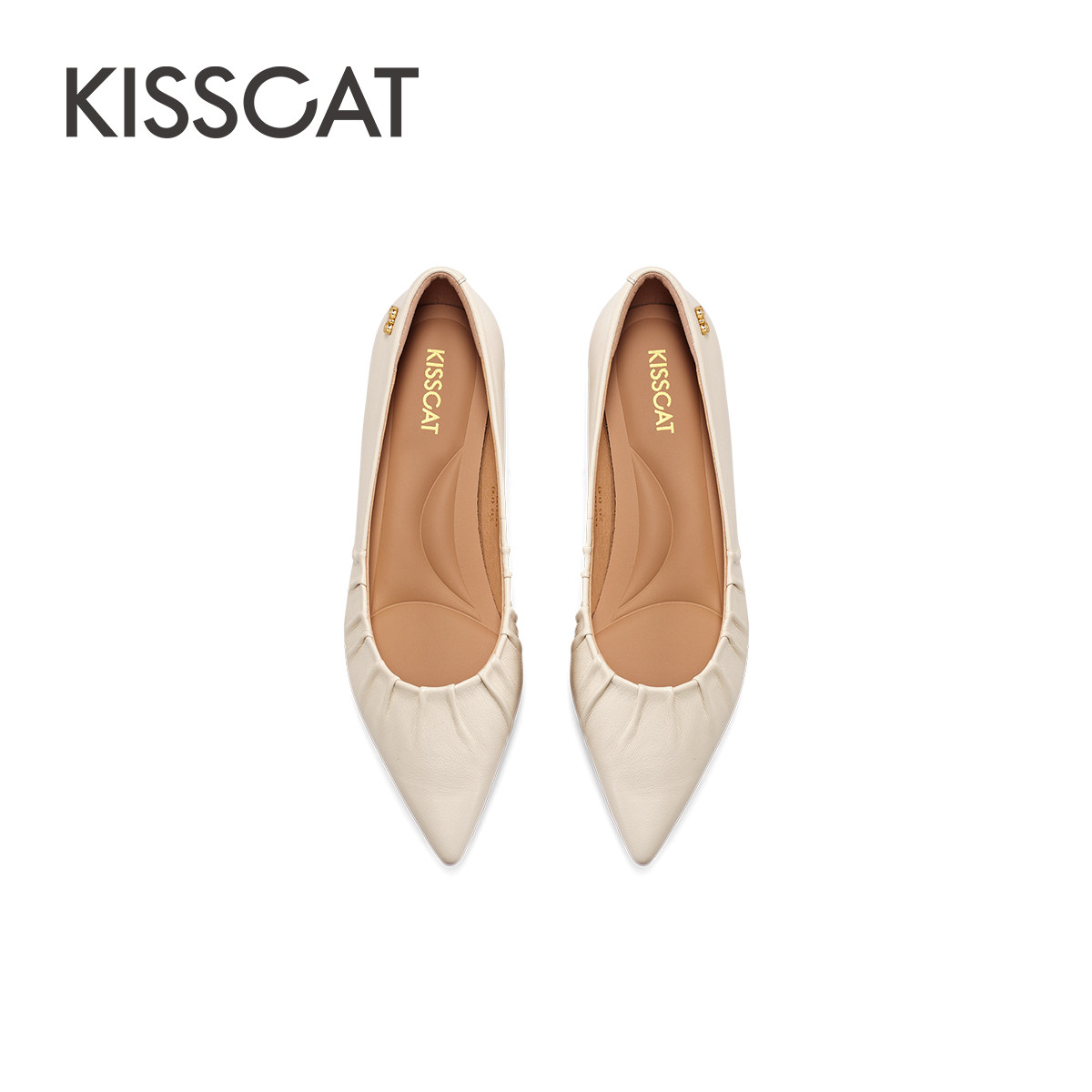 KISSCAT接吻猫通勤气质平底鞋百搭舒适尖头真皮白色法式单鞋女,淘宝优惠券,粉丝福利购,淘宝优惠卷