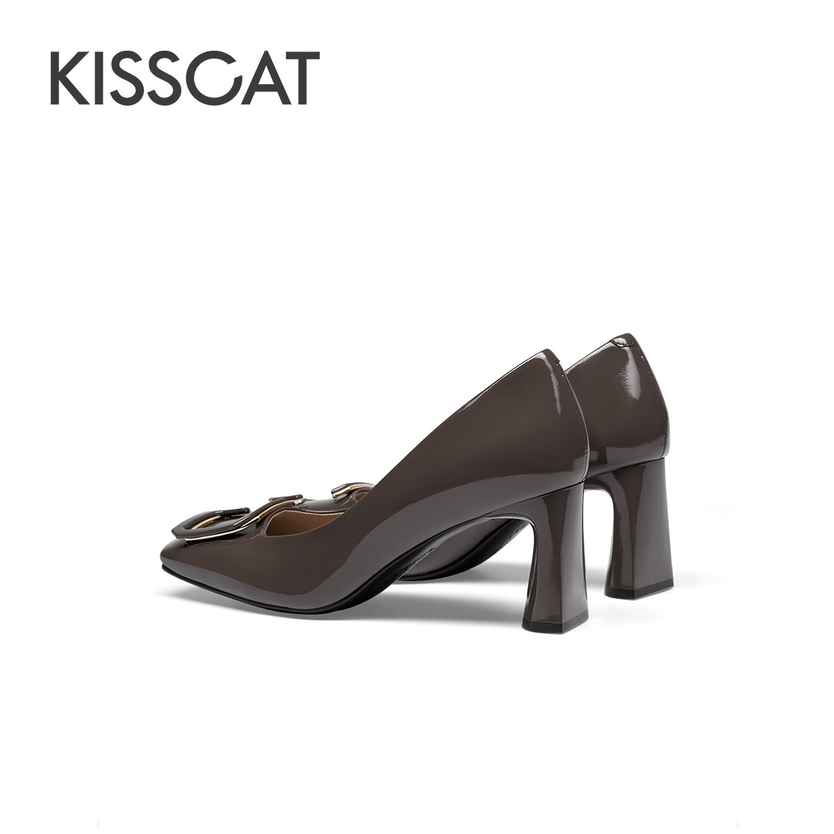 KISSCAT接吻猫春季新款方头高跟鞋通勤粗跟鞋简约时装浅口单鞋女