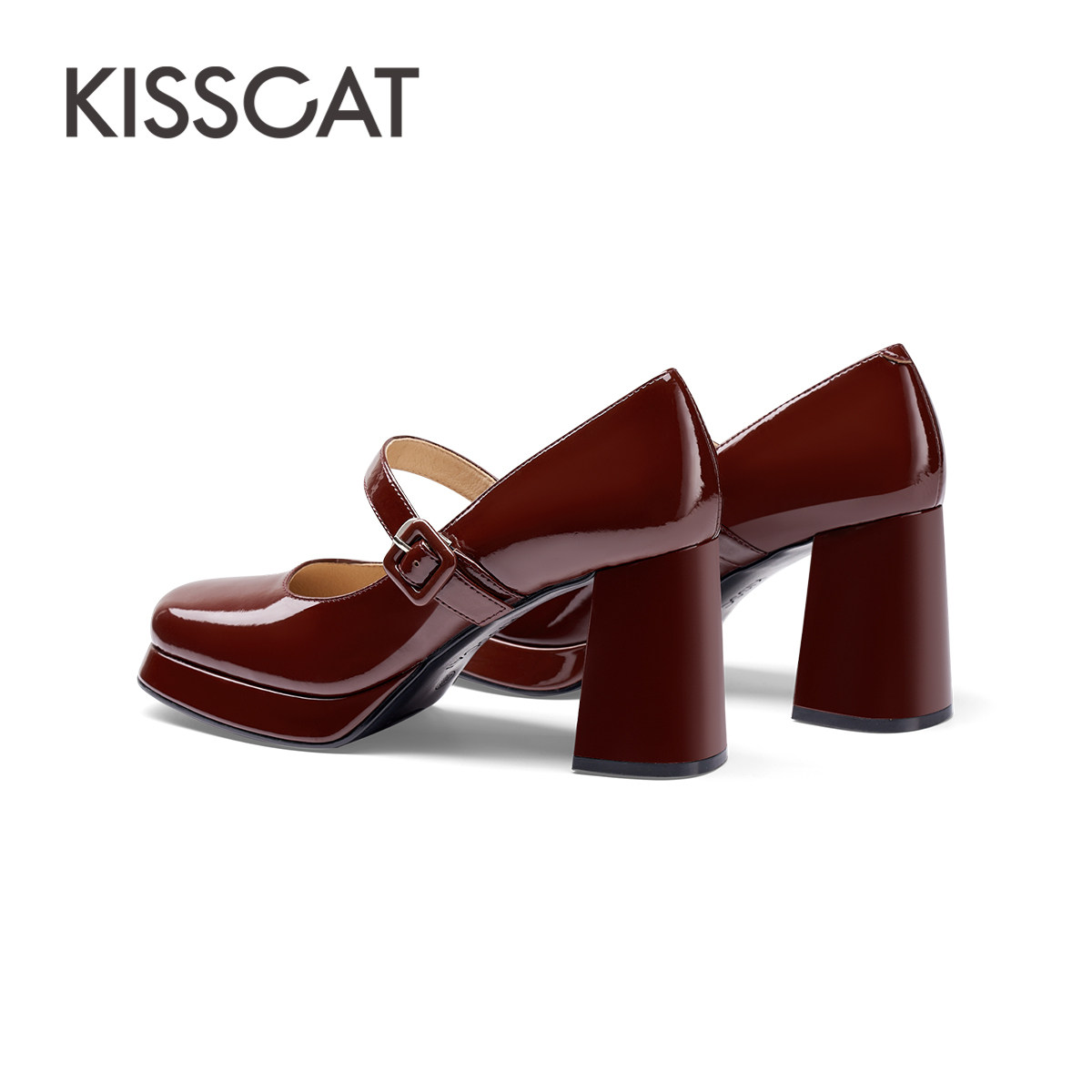KISSCAT接吻猫红色复古学院风高跟鞋漆皮玛丽珍鞋圆头粗跟单鞋,淘宝优惠券,粉丝福利购,淘宝优惠卷