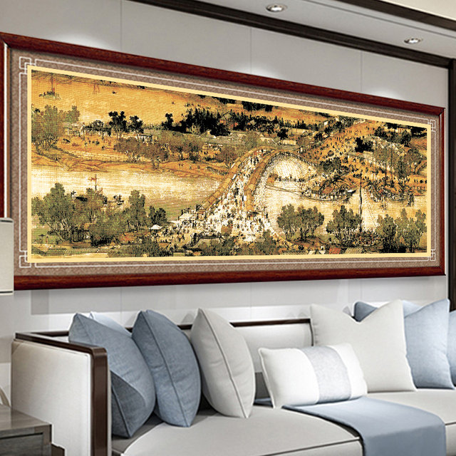 ງານ​ບຸນ Qingming ລຽບ​ຕາມ​ແມ່​ນ້ຳ Panoramic ຫ້ອງ​ຮັບ​ແຂກ​ຂະ​ຫນາດ​ໃຫຍ່ Cross Stitch