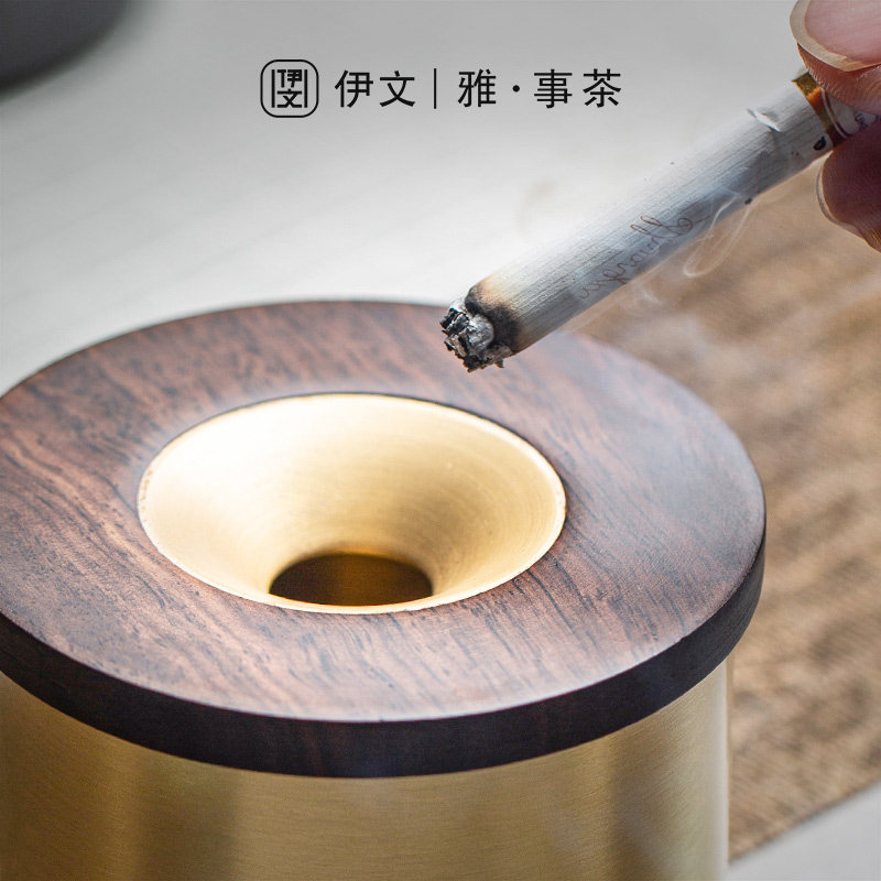 伊文陶瓷黄铜烟灰缸家用带盖防飞灰烟缸创意客厅办公室摆件_虎窝淘
