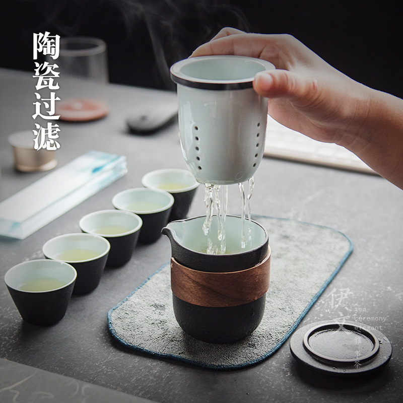 伊文陶瓷 旅行茶具 便携式快客杯户外功夫一壶五杯简易泡茶包小套 - 图1