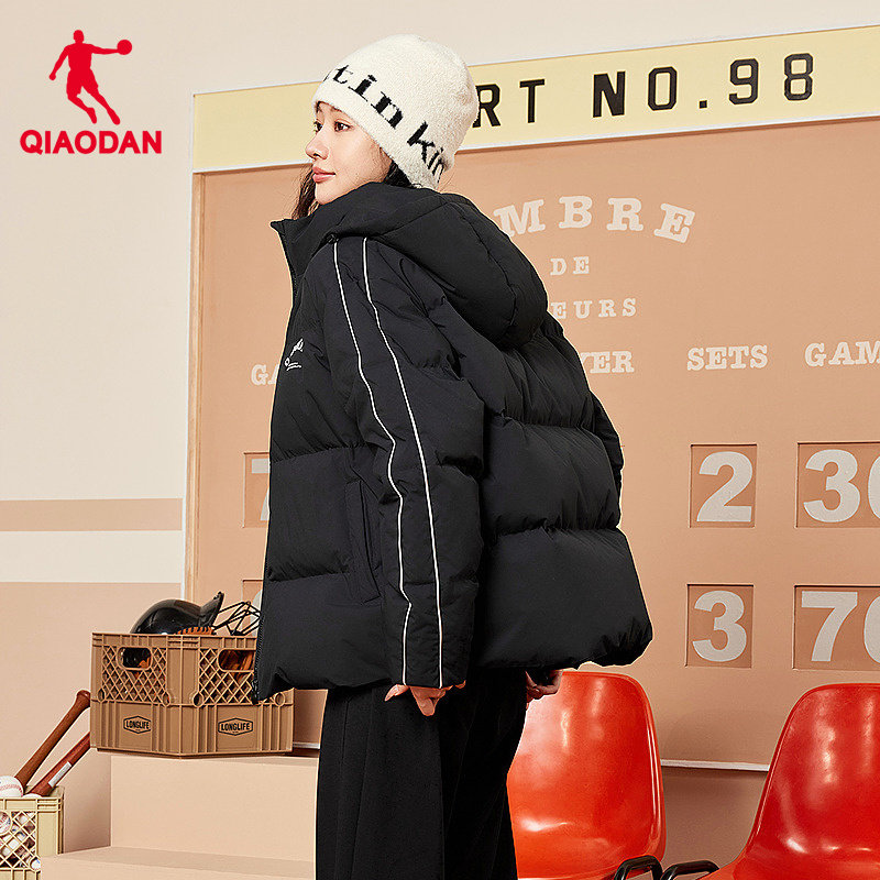 乔丹防风羽绒服女生宽松连帽2025冬季新款商场同款抗静电防泼水