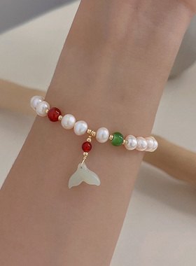 新中式鱼尾吊坠珍珠手链复古国风