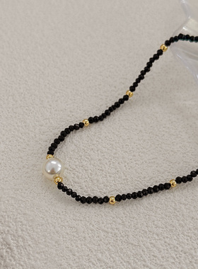 小众设计黑色水晶珠串珍珠项链新