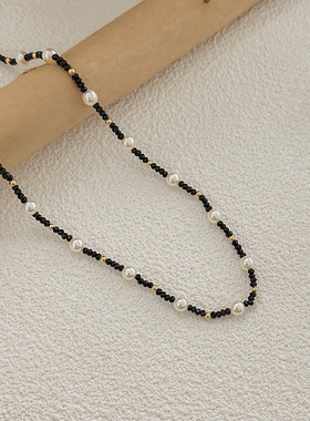 气质黑色水晶珍珠项链小众设计新