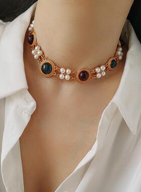 中古宫廷风双层珍珠琉璃锁骨链