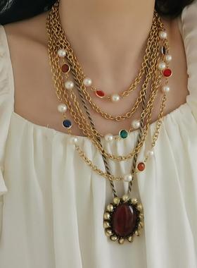 复古做旧花朵琉璃两用胸针项链