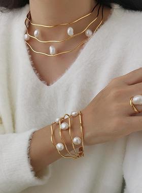 欧美小众个性天然珍珠三层项圈女