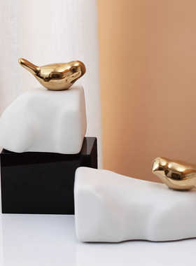 新中式陶瓷山鸟摆件博古架书档