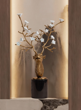 铜鹿摆件新中式客厅玄关装饰品