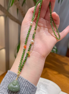 天然和田碧玉毛衣链小米珠和田玉佛公吊坠项链南红国风新中式女