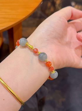 天然烟紫和田玉手串南红玛瑙手链老钱风手链女手饰饰品手镯文玩