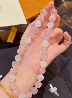 天然粉水晶项链女款轻奢小众精致高级感大圆珠朱珠同款女友礼物