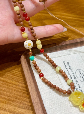 原创设计天然蜜蜡小熊老山檀多宝项链女款小众设计可爱百搭颈链