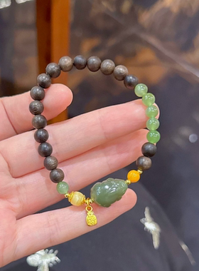天然沉香木手串和田玉貔貅碧玉手链招财转运女手饰礼物简约饰品