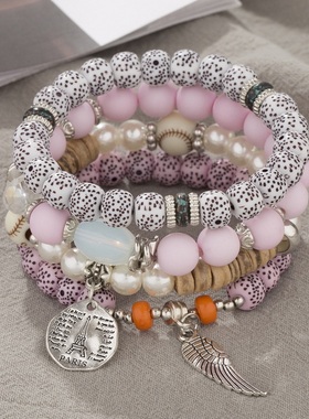 【珠黛饰品】波西米亚分层创意天使翅膀英文片多层串珠手链 六色