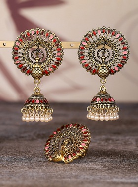 【珠黛饰品】复古波西米亚民族风夸张孔雀铃铛耳钉戒指套装 五色