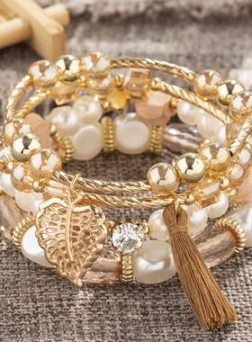 【珠黛饰品】欧美跨境波西米亚分层珍珠多层珠串弹力手链 21款