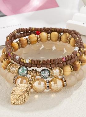 【珠黛饰品】欧美波西米亚民族风多层木珠手链玻璃珠串珠 八色