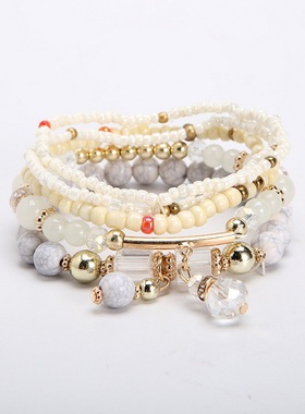 【珠黛饰品】跨境新款多层波西米亚民族风时尚几何米珠手链 五色