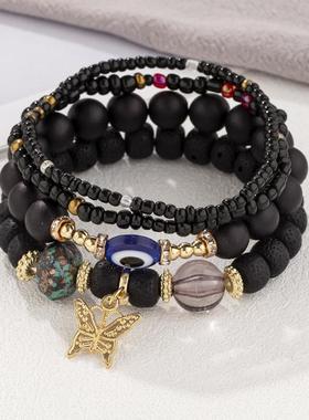 【珠黛饰品】欧美复古蝴蝶多层混彩串珠手镯分层米珠女手链 五色