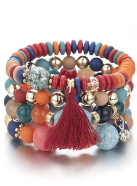 【珠黛饰品】女士小众小清新彩珠流苏多层手链珠串弹力分层 五色