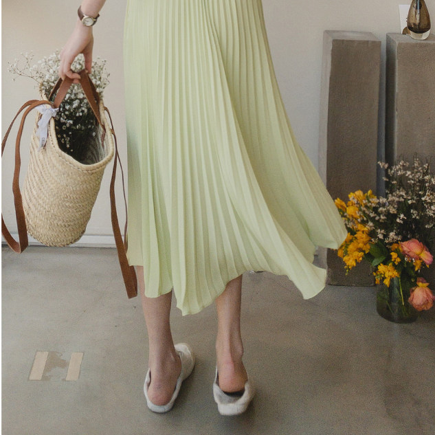Mid skirt, A-line skirt, sweet pleated skirt, solid color skirt