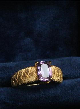 925纯银镀金意大利拉丝工艺天然紫水晶开口戒指可调节